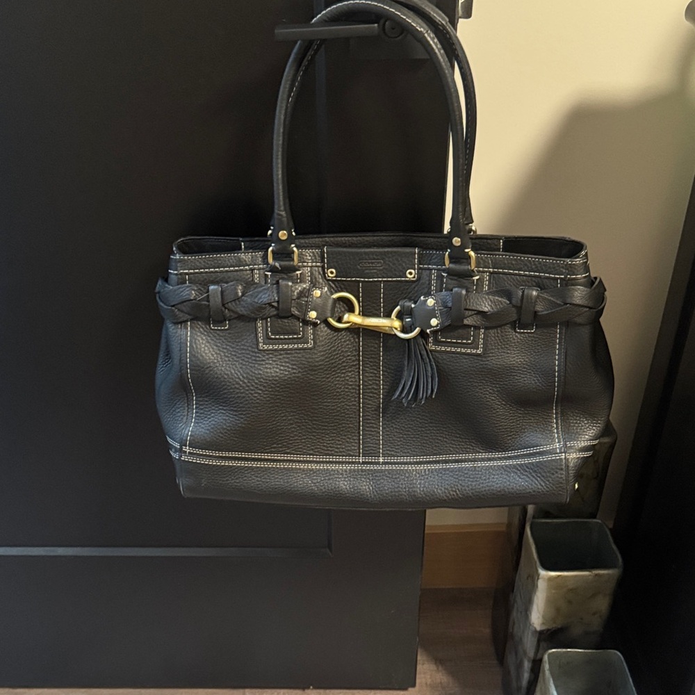 Coach Black Leather Tote with Gold Accents